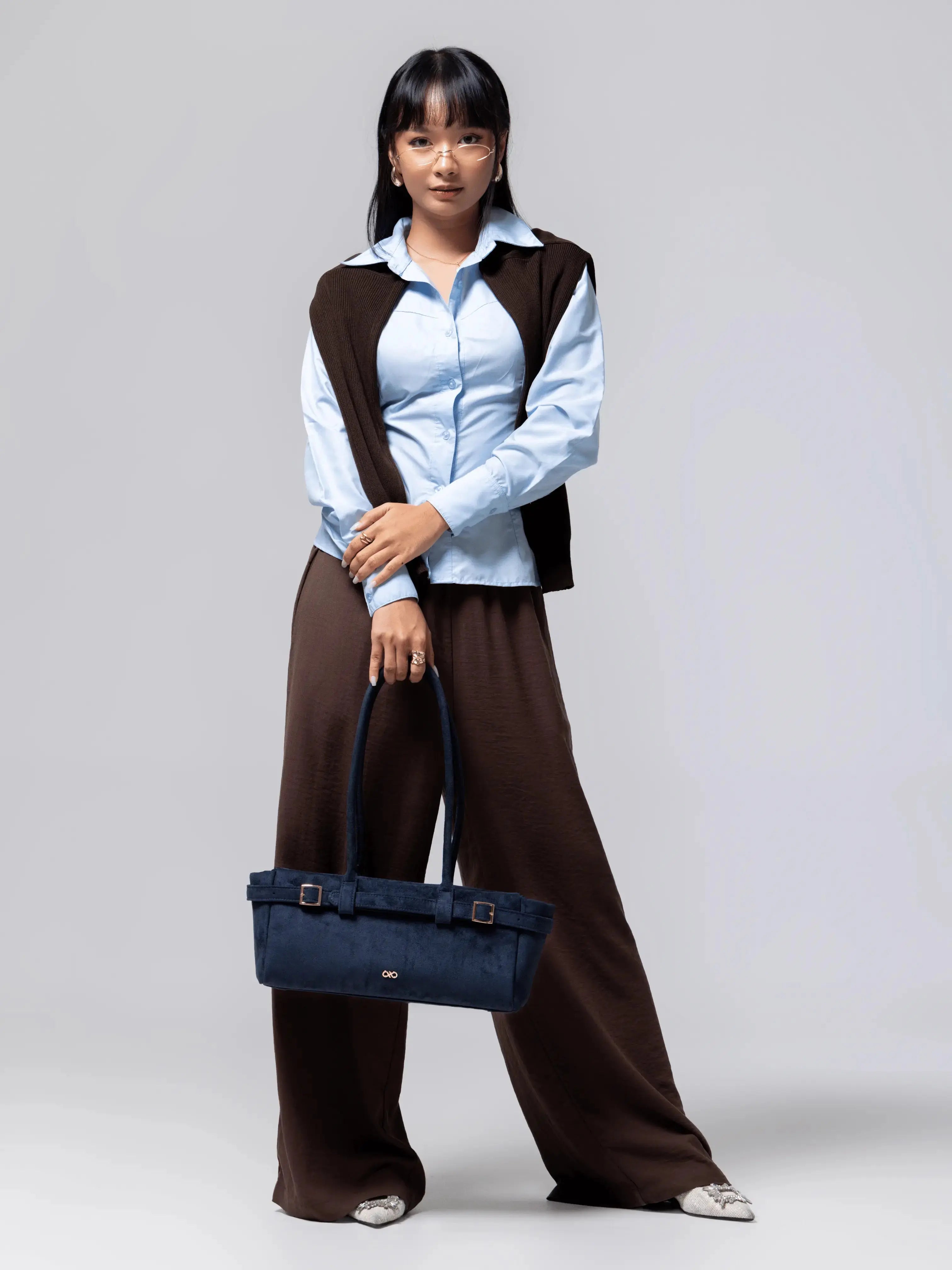 VALENTINA SUEDE BAGUETTE BAG IN PRUSSIAN BLUE TSL Singapore