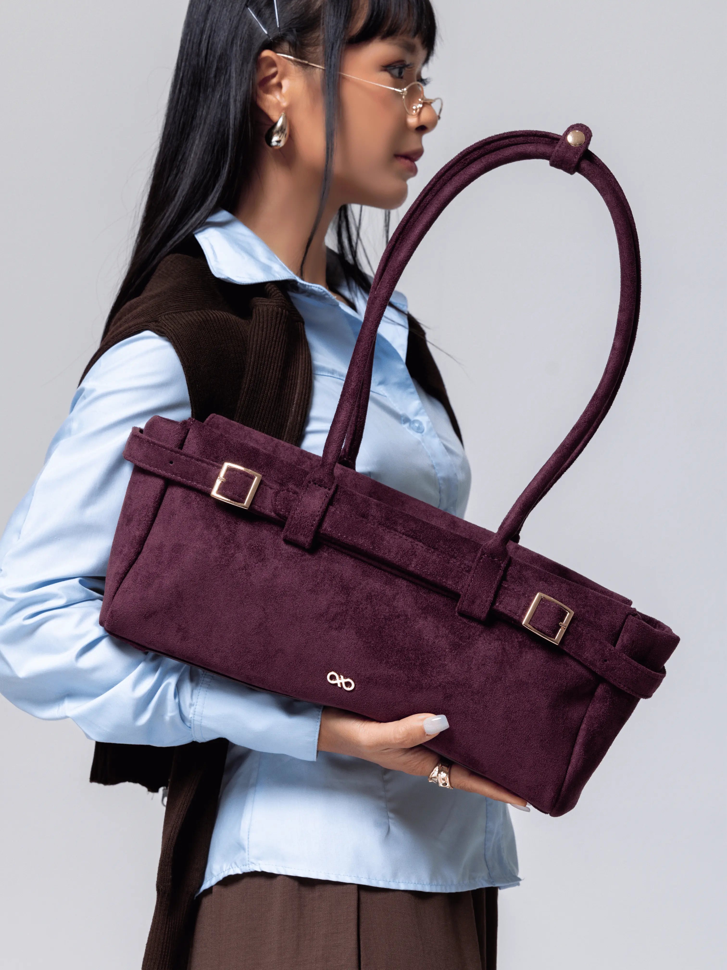 VALENTINA SUEDE BAGUETTE BAG IN BURGUNDY TSL Singapore