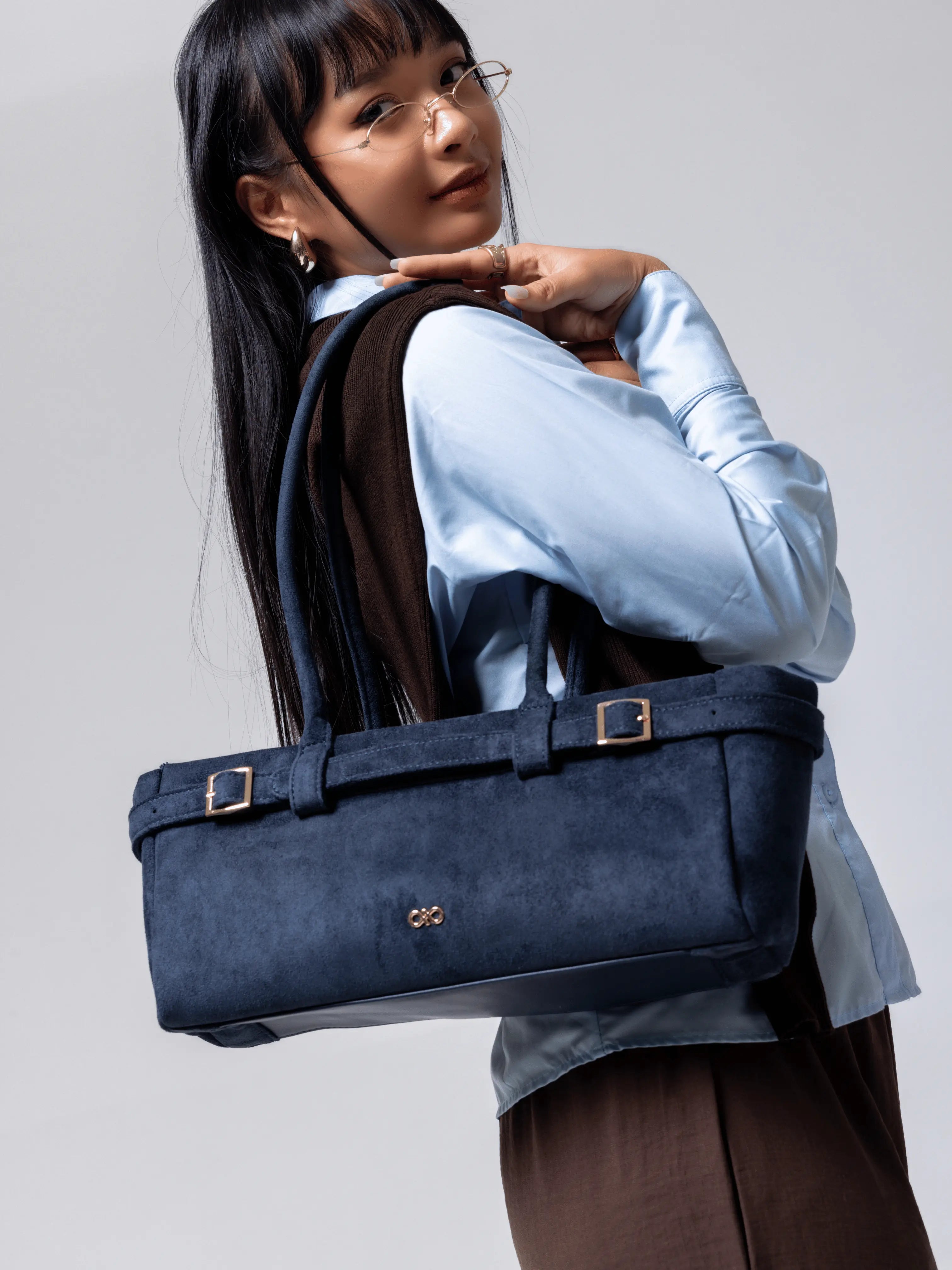 VALENTINA SUEDE BAGUETTE BAG IN PRUSSIAN BLUE TSL Singapore