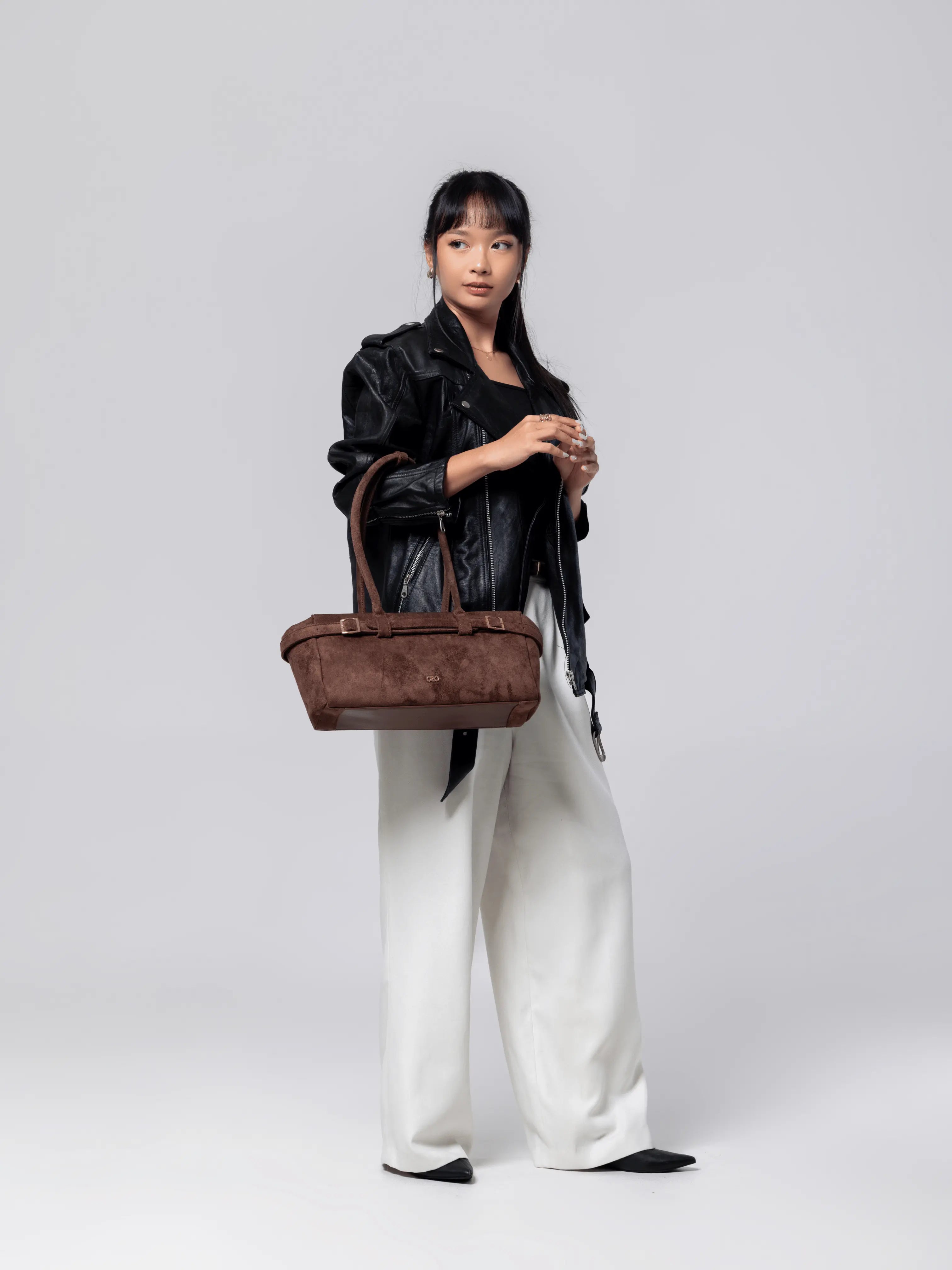 VALENTINA SUEDE BAGUETTE BAG IN ESPRESSO TSL Singapore