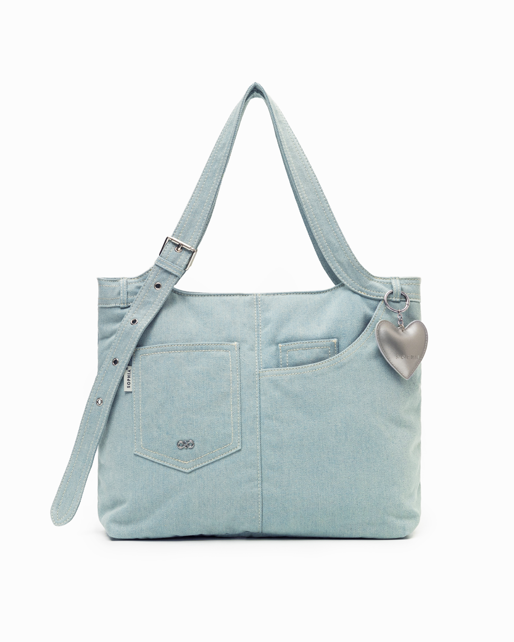 SIGNATURE POCKET DENIM TOTE BAG IN LIGHT WASH DENIM